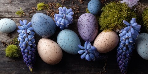 Obraz premium Colorful decorative eggs and spring flowers arranged on wooden surface for seasonal celebration