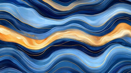 Abstract Waves of Blue and Gold in Dynamic Flowing Pattern