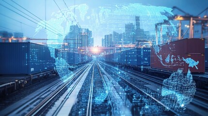 Obraz premium Double Exposure of Freight Train and Cityscape with Digital Overlay