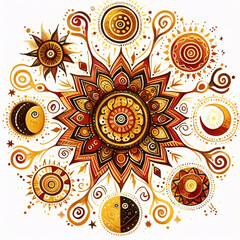 A watercolor mandala design with feminine solar energy, featuring ethnic patterns, spirals, moons, sun rays, and sacred symbols creating a spiritual aura.