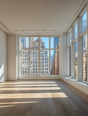 Sunlight streams through large windows illuminating a bright empty room with hardwood floors and a cityscape view.