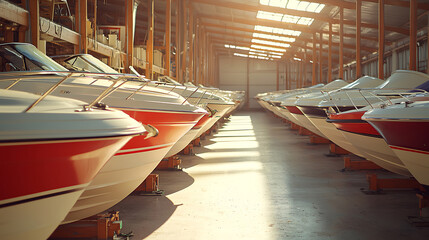Rows of neatly stored speedboats fill a large indoor warehouse with natural light streaming through the roof windows.