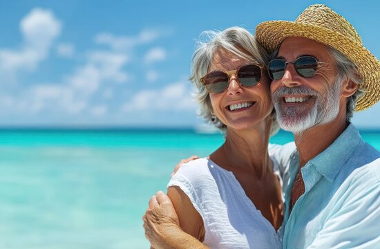 Joyful Senior Couple Embracing and Laughing on a Sunny Tropical Beach