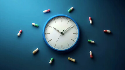 Time and Medicine Intertwined: A blue clock surrounded by colorful capsules, showcasing precise medical timing and suggesting the intimate connection between health and time