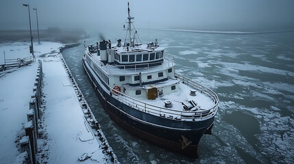 An icebreaker ship navigates through a channel carved in a frozen waterway on a foggy winter day.
