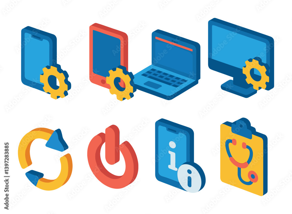 Poster technology device and system settings icons set in 3d style