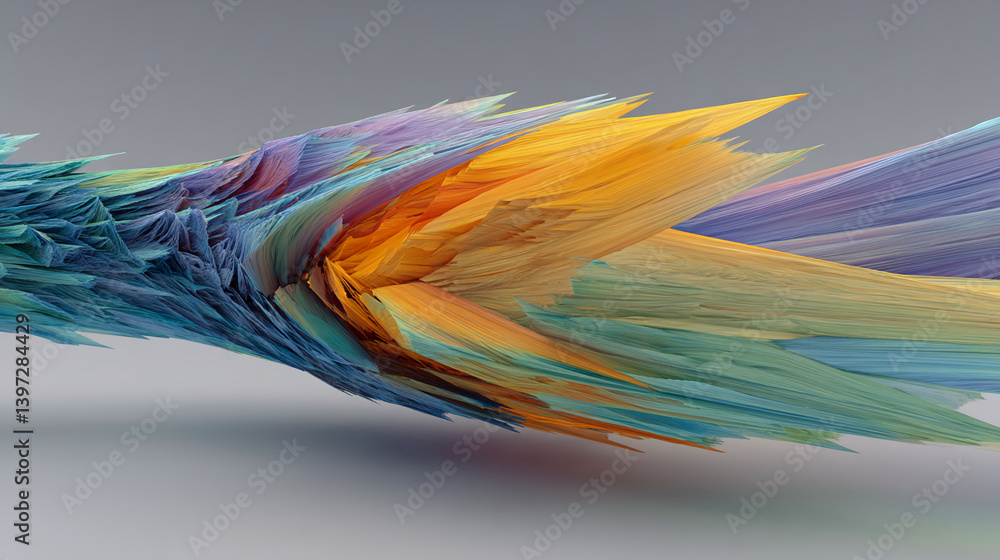 Poster abstract image of blue, orange, and green textured strokes creating a dynamic, flowing form. represe