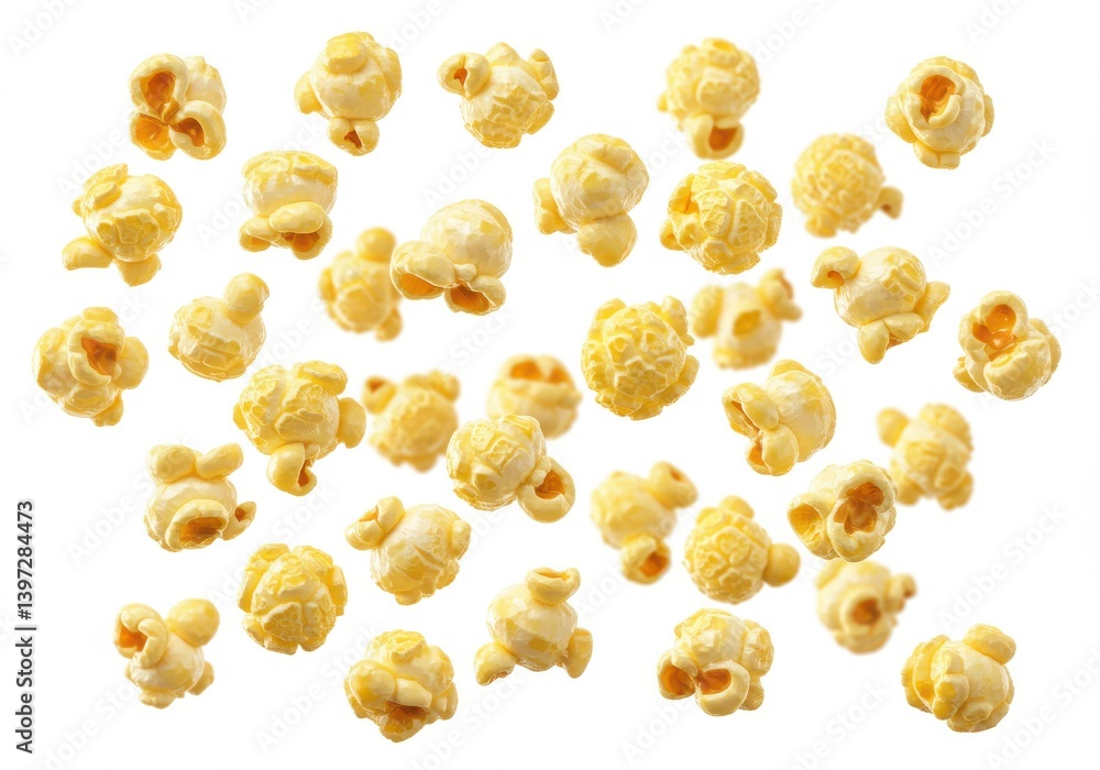 Poster floating popcorn kernels with buttery appearance isolated on plain white background image