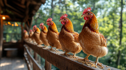Chickens perched on railing in a serene forest setting