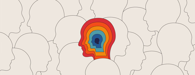 Colorful Mind in a Crowd – Conceptual Vector illustration of multiple outlined human heads in profile with one central head filled with layered colorful profiles, symbolizing individuality.