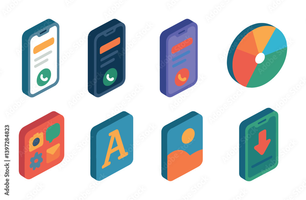 Poster isometric mobile app icons set for ui/ux design - 3d style collection