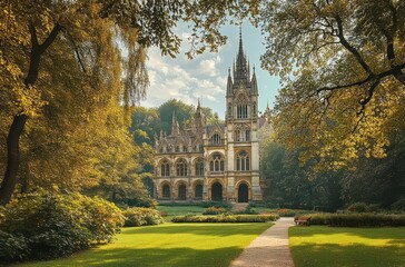 Obraz premium Vienna Austria Serene Park Scene with Neo-Gothic City Hall in Soft Morning Light