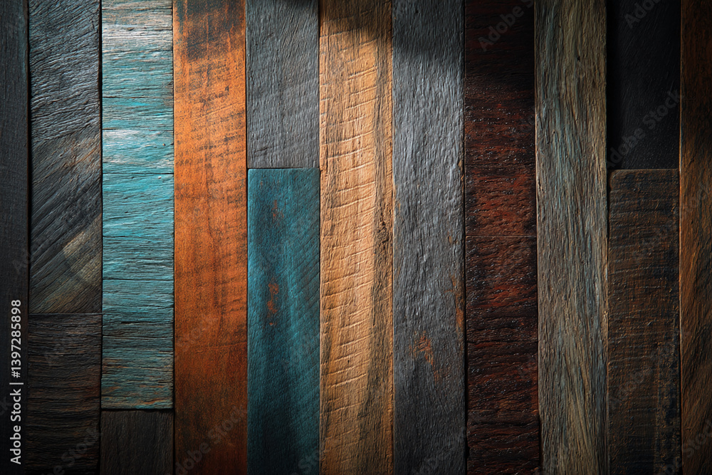 Poster vertical planks of wood in various brown, gray, and teal hues create a rustic texture background sui