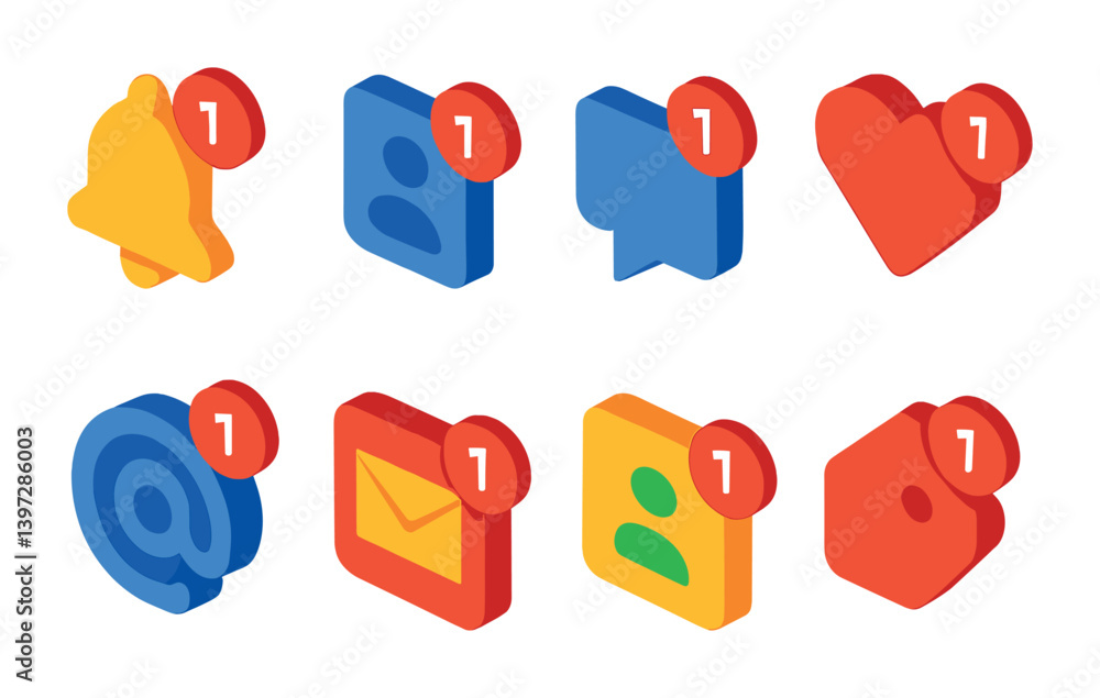 Aufkleber notification icons set: 3d style for messaging and alerts