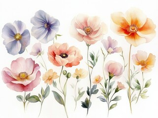 watercolor flowers collection hand-painted floral arrangement peony ranunculus calla pastel botanical illustration