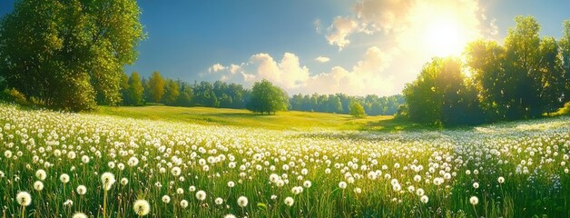 Fototapeta premium Lush Meadow of Dandelions Under Blue Sky