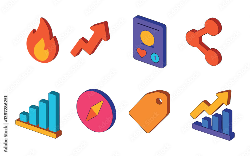 Poster isometric 3d social media and analytics icon set for marketing and networking