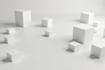Random white cube boxes scattered on a neutral background with open spaces, modern decor, geometric shapes