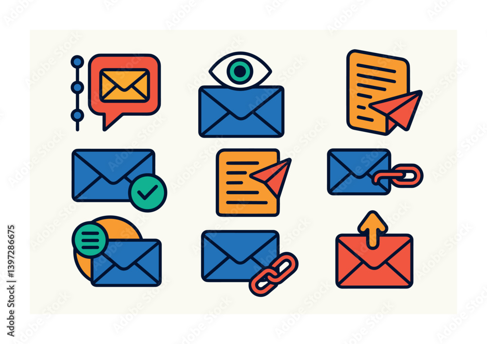 Aufkleber email and messaging icons set: communication and contact tools in flat style