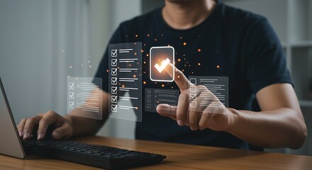 Person using laptop with holographic checklist interface