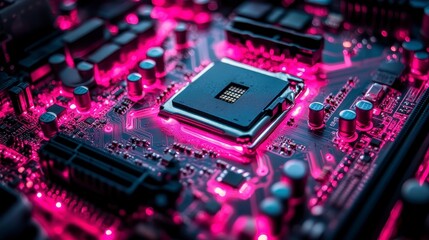 Obraz premium Glowing circuit board, central processor unit, pink LED lights