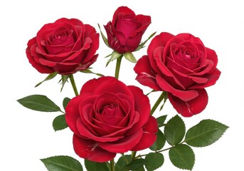 Beautiful bouquet of vibrant red roses with green leaves on bright white background in full bloom view