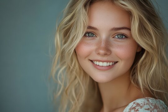 Close-up of a smiling woman with blonde wavy hair and freckles on her face. Ideal for beauty, skincare, or promoting a natural and healthy lifestyle.