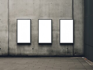 Artful Trio: A contemporary display of three framed posters or signs, mounted on a weathered concrete wall. A modern minimal backdrop ready for any visual.