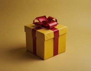 Obraz premium Red gift present on yellow flat background