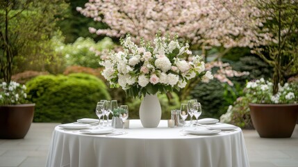 Serene Cherry Blossom Wedding Scene with Soft Pink Decor and Elegant Table Setting