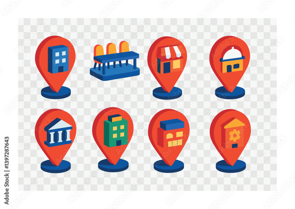 Poster 3d map location icons set featuring various building types