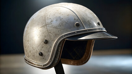 Fototapeta premium vintage helmet with visible scratches and wear, showcasing its history and character in studio setting
