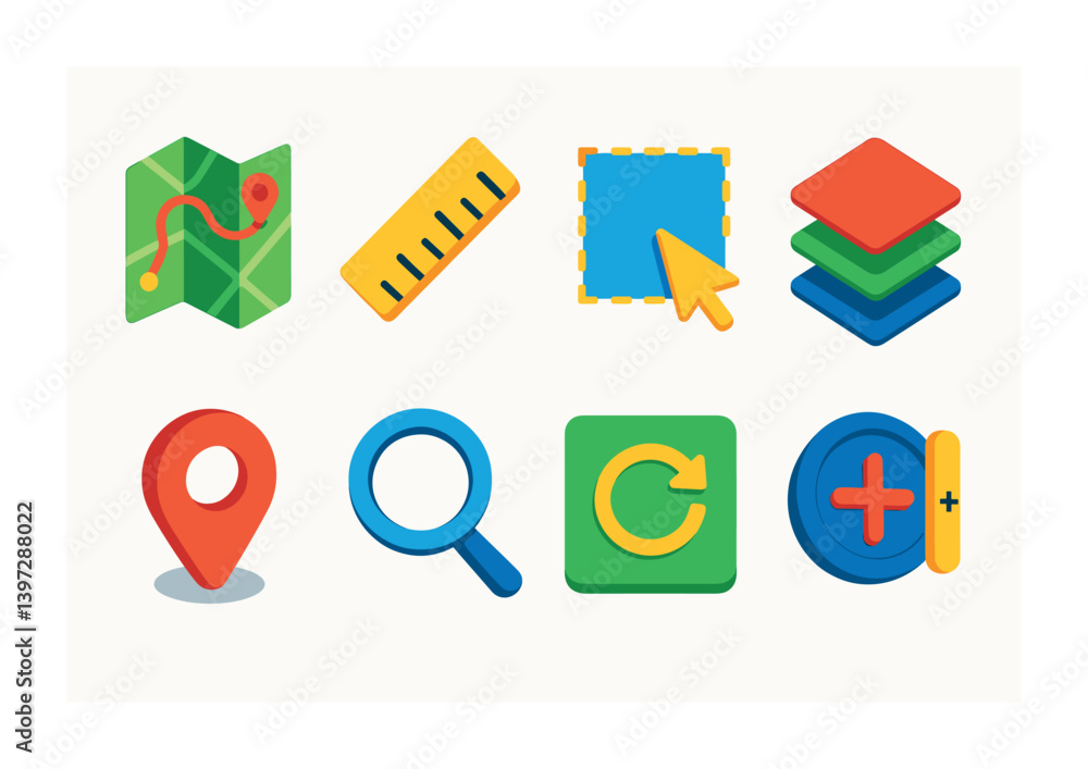 Poster colorful navigation and editing tools icon set in 3d style
