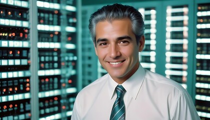 Fototapeta premium A smiling man poses in front of computer equipment