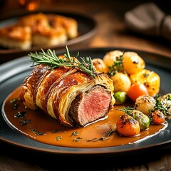 Beef Wellington with Roasted Potatoes, Carrots, and Herb Sauce