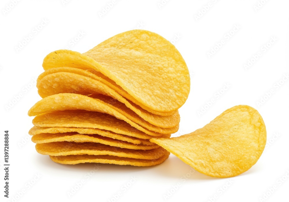 Poster a stack of crispy golden potato chips with one chip in front on white background snack closeup