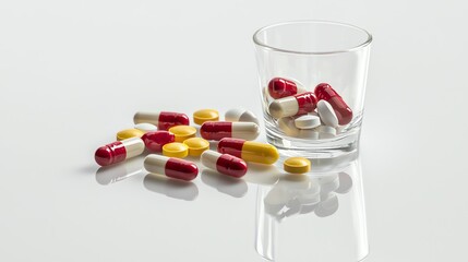 Colorful pills and capsules in a glass.