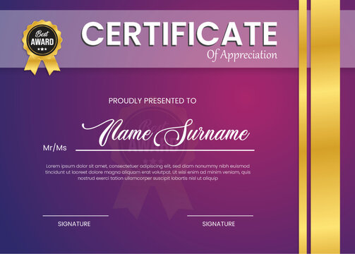 Purple & Gold Excellence, A Distinguished Certificate Template Showcasing Elegance and Achievement
