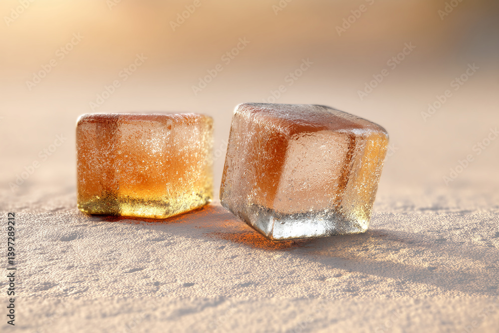 Poster two amber ice cubes rest on a light beige surface, illuminated by soft sunlight, showcasing a refres