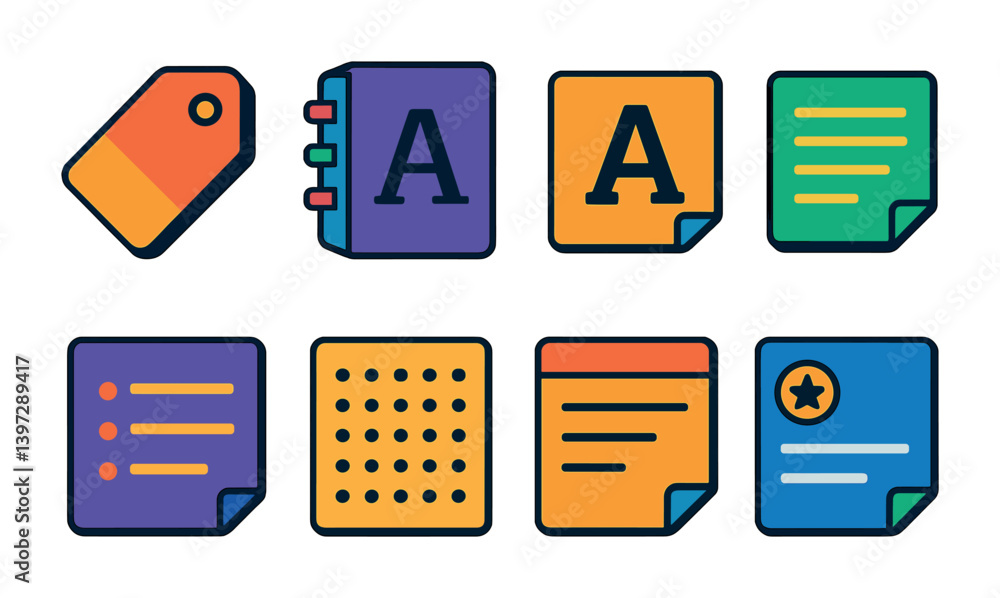 Poster set of 8 flat style text and document icons for digital projects