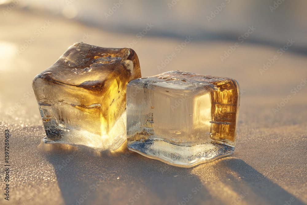Aufkleber two translucent amber ice cubes rest on a sandy surface, bathed in warm sunlight. the image evokes a