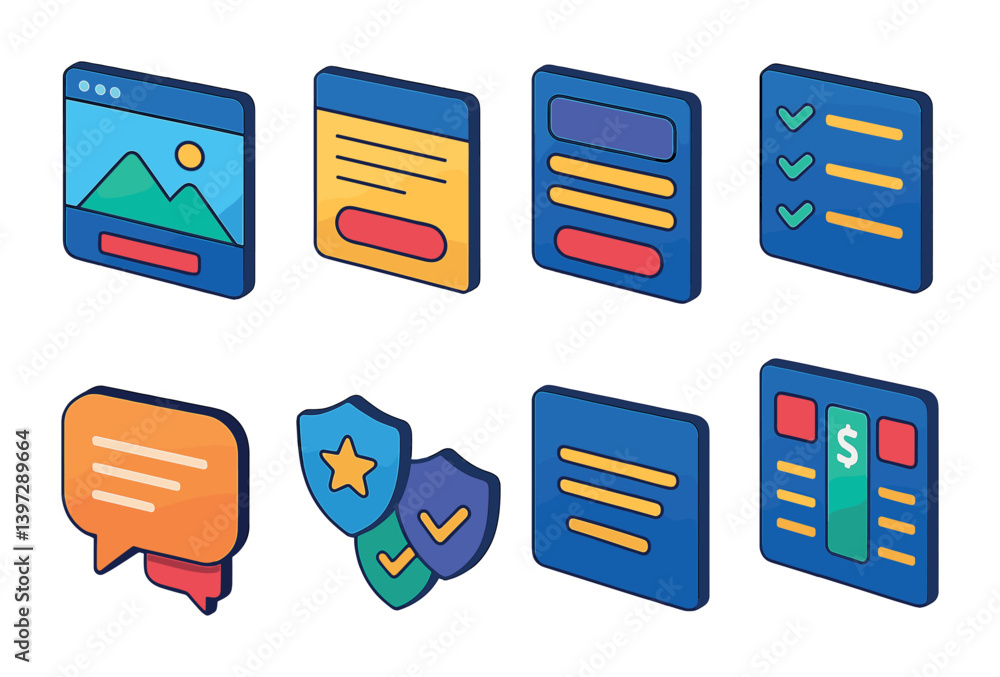Poster 3d isometric icons set: web design elements for interface and security