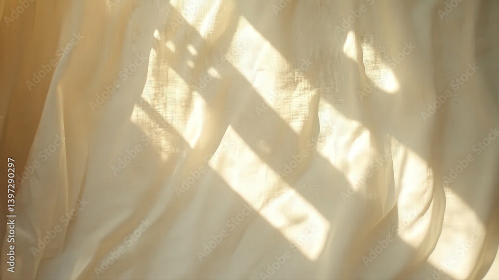 Aufkleber sunlight streaming through sheer cream curtain creating soft shadows and folds in a tranquil interio