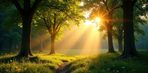 Obraz premium Panorama with sunbeams filtering through trees, illumination, sunlight, wald