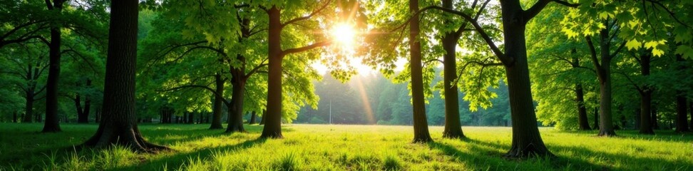 Fototapeta premium Panorama of wald with sunlight through trees and leaves, woods, sunlight, trees