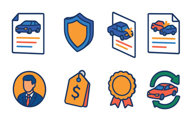 Car insurance icons set - 8 linear designs representing coverage, claims, and policies