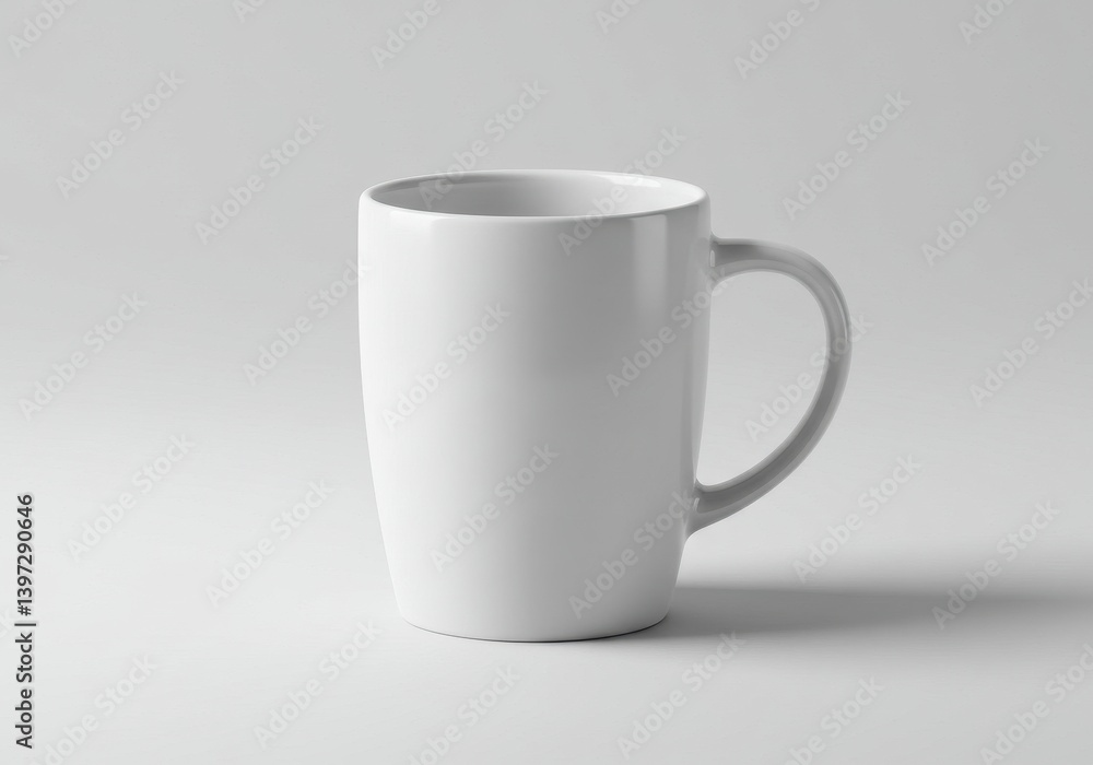 Poster plain white ceramic mug on a light gray background with handle visible on the right side view