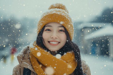 Smiling woman in a snowy landscape, wearing a yellow hat and scarf. Perfect for winter-themed ads, holiday campaigns, or travel blogs.