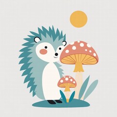 Fototapeta premium Cute hedgehog standing by colorful mushrooms in a sunny meadow 