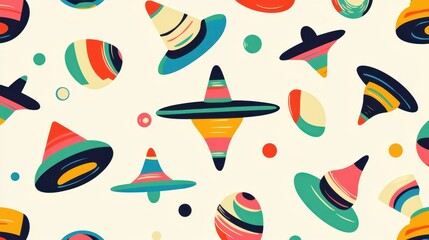 Naklejka premium A playful pattern of colorful spinning tops and decorative shapes.